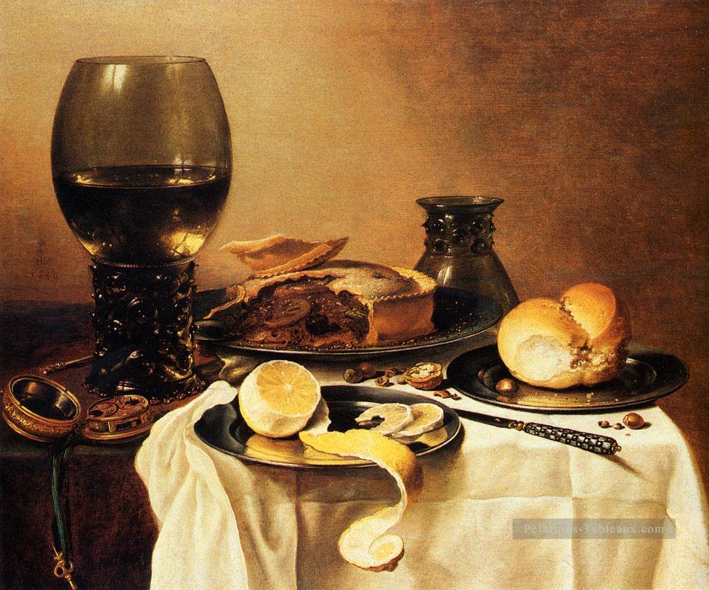 Petit déjeuner Nature morte avec Roemer Viande Tarte au citron et au pain Pieter Claesz Peintures à l'huile